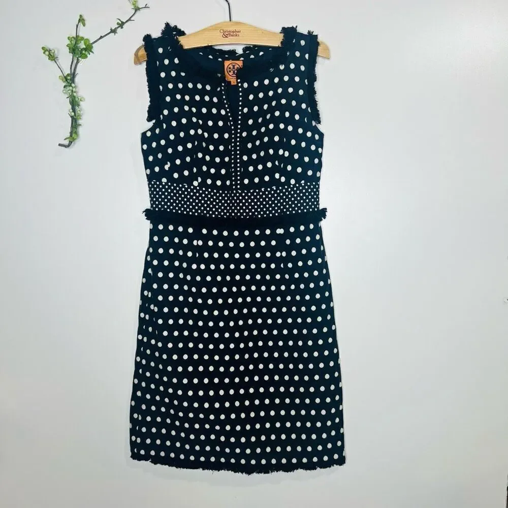 Tory Burch Navy Blue Evelyn Polka Dot Jacquard Sheath Dress Size 4 Fringe